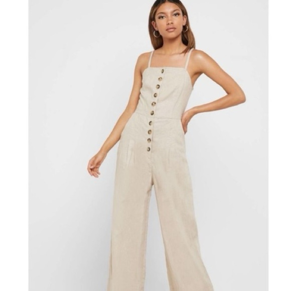 Free People Cream Button Down Denim Jumpsuit